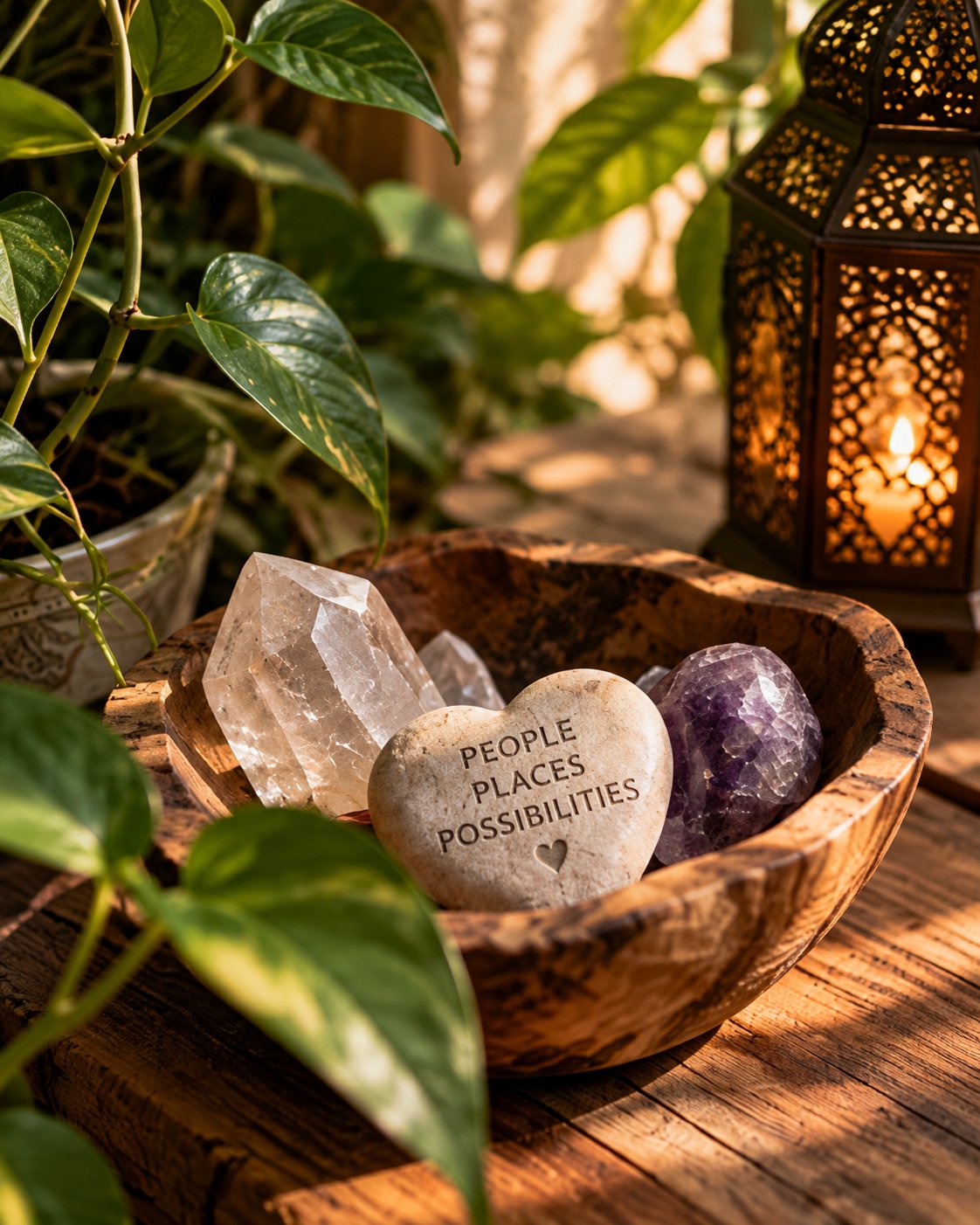Crystals, greenery, and a stone reading People Places Possibilities