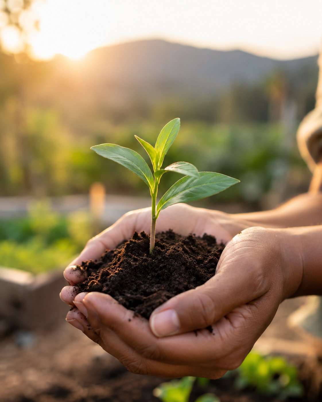Two hands holding soil and a young seedling in a garden at golden hour